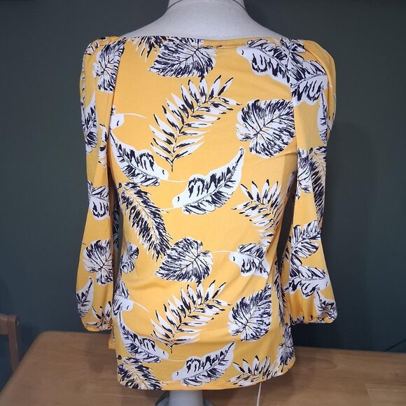 Eclair Yellow Blouse with Leaf Print, Scoop Neck - Sz 6 - Picture 2 of 10